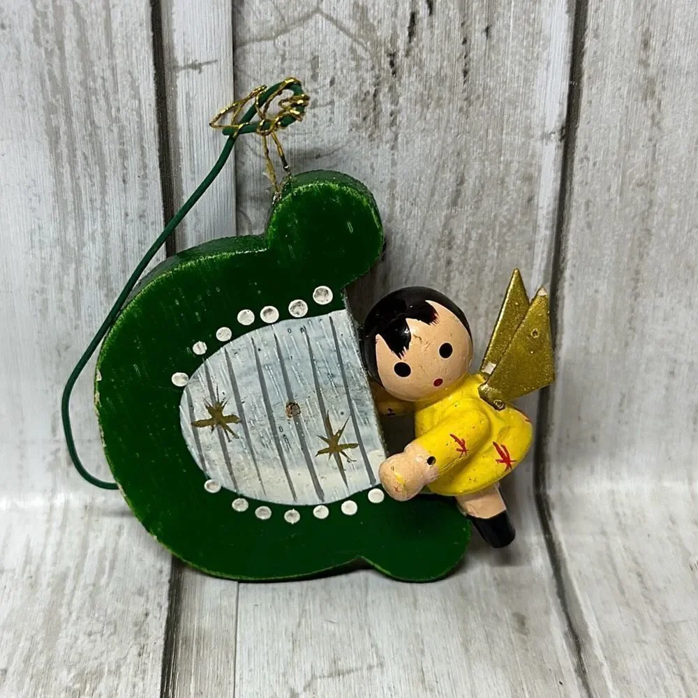 Vintage Wooden Christmas Ornaments set of 5 Snowman‎ Jack-in-the-box Train Harp